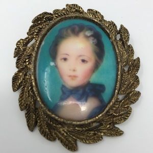Vintage Pin with Blue and Gold, with young woman
